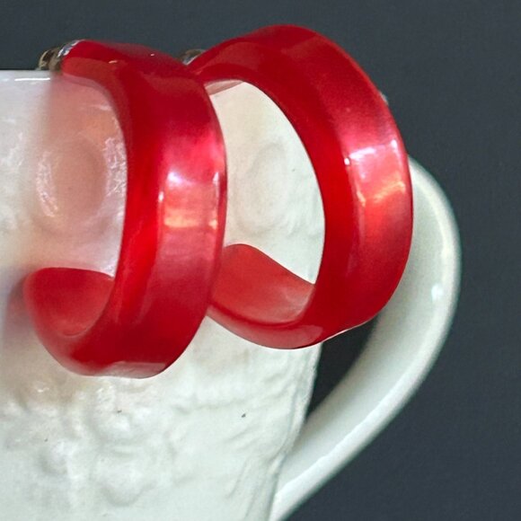 Cherry Red Acrylic Hoop Earrings With Silver-Tone Posts - Picture 1 of 7